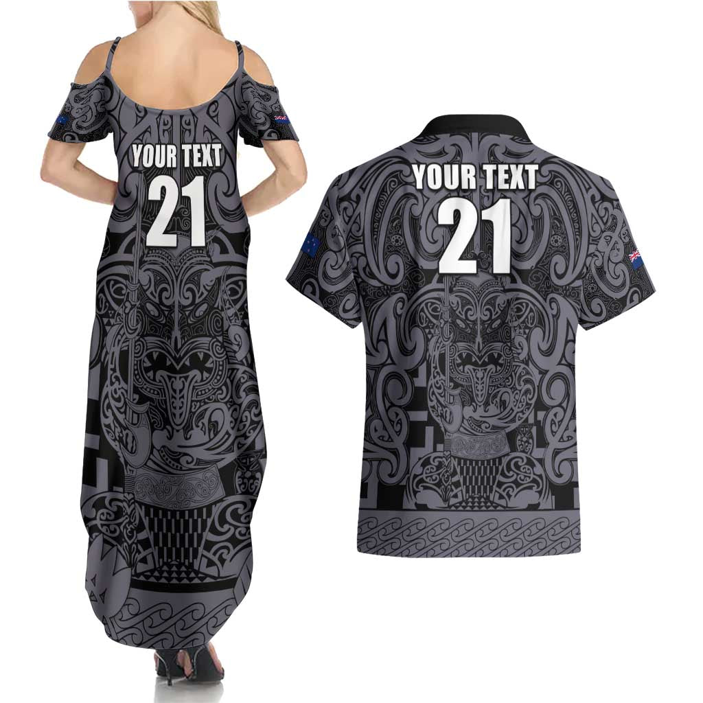 Custom New Zealand Taiaha Maori Couples Matching Summer Maxi Dress and Hawaiian Shirt Minimalist Silver Fern All Black - Aussie Hoodie