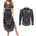 Custom New Zealand Taiaha Maori Couples Matching Summer Maxi Dress and Long Sleeve Button Shirt Minimalist Silver Fern All Black - Aussie Hoodie