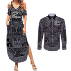 Custom New Zealand Taiaha Maori Couples Matching Summer Maxi Dress and Long Sleeve Button Shirt Minimalist Silver Fern All Black - Aussie Hoodie
