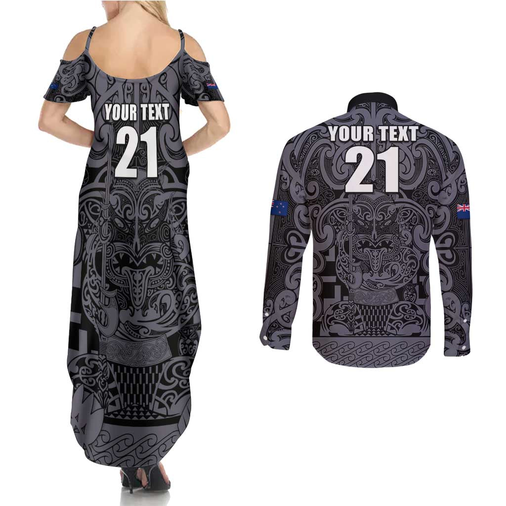 Custom New Zealand Taiaha Maori Couples Matching Summer Maxi Dress and Long Sleeve Button Shirt Minimalist Silver Fern All Black - Aussie Hoodie