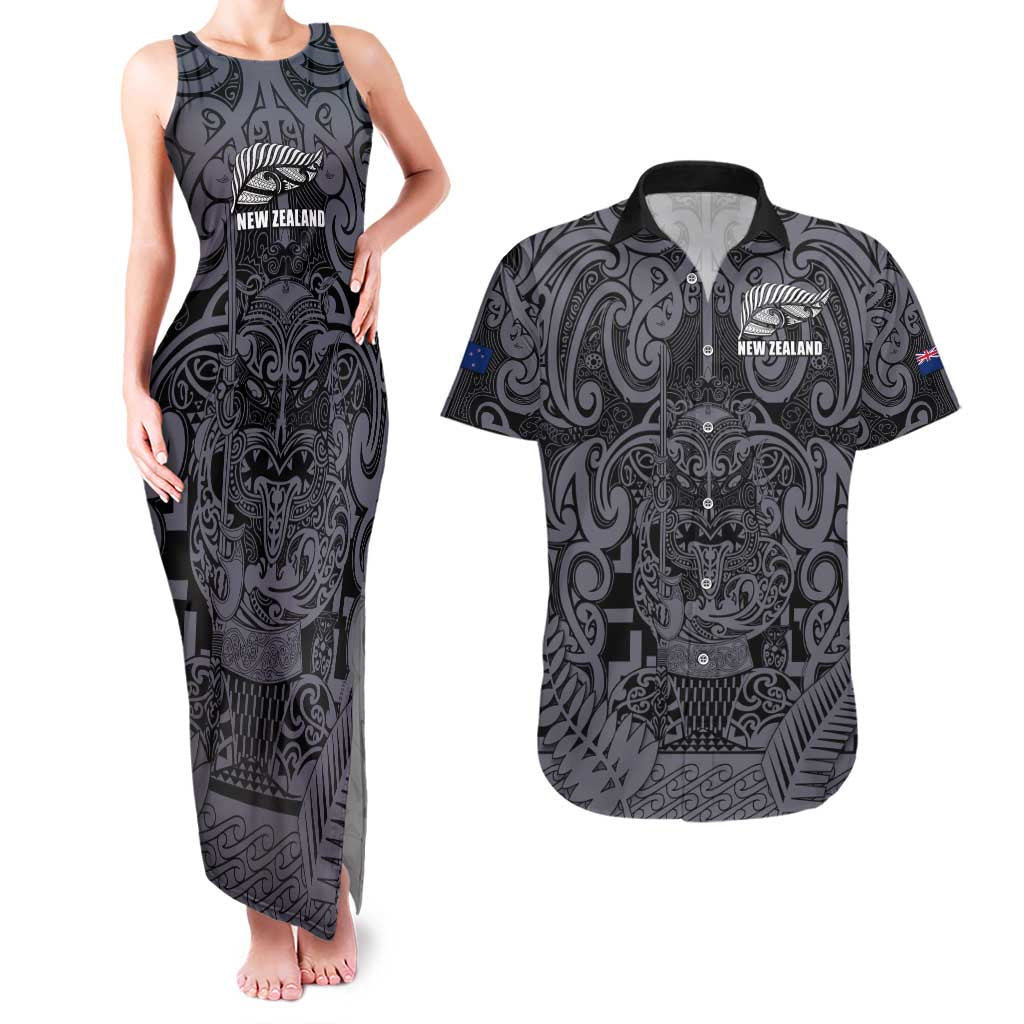 Custom New Zealand Taiaha Maori Couples Matching Tank Maxi Dress and Hawaiian Shirt Minimalist Silver Fern All Black - Aussie Hoodie