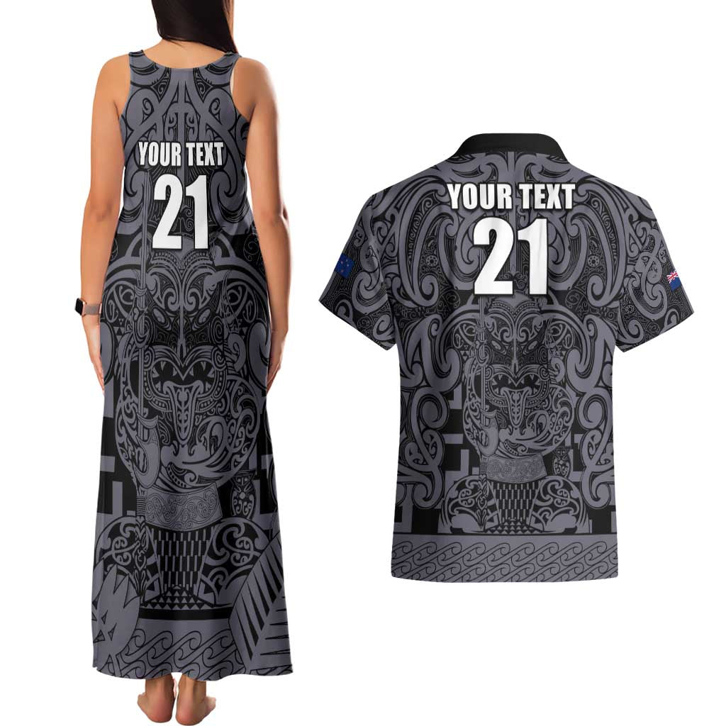 Custom New Zealand Taiaha Maori Couples Matching Tank Maxi Dress and Hawaiian Shirt Minimalist Silver Fern All Black - Aussie Hoodie
