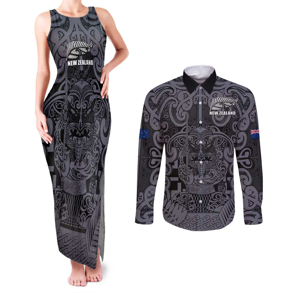 Custom New Zealand Taiaha Maori Couples Matching Tank Maxi Dress and Long Sleeve Button Shirt Minimalist Silver Fern All Black - Aussie Hoodie