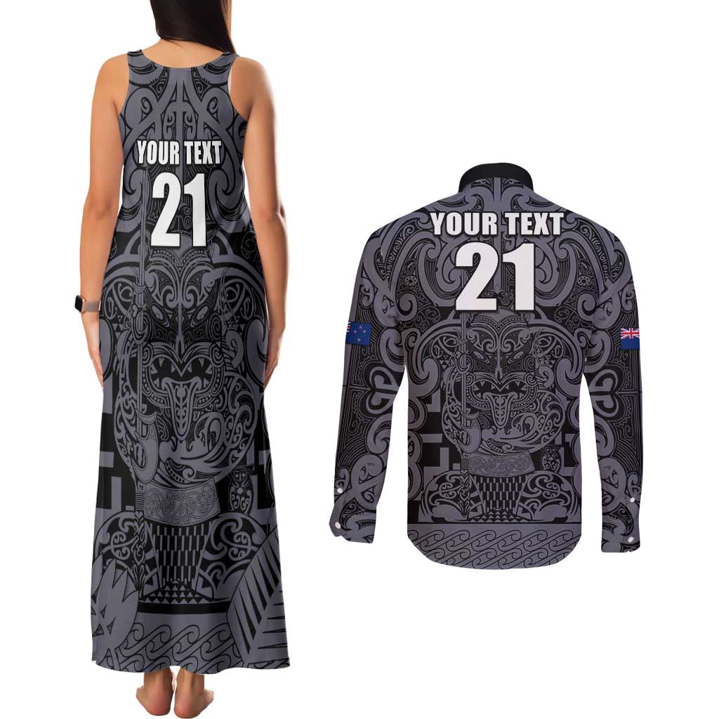 Custom New Zealand Taiaha Maori Couples Matching Tank Maxi Dress and Long Sleeve Button Shirt Minimalist Silver Fern All Black - Aussie Hoodie