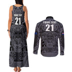 Custom New Zealand Taiaha Maori Couples Matching Tank Maxi Dress and Long Sleeve Button Shirt Minimalist Silver Fern All Black - Aussie Hoodie