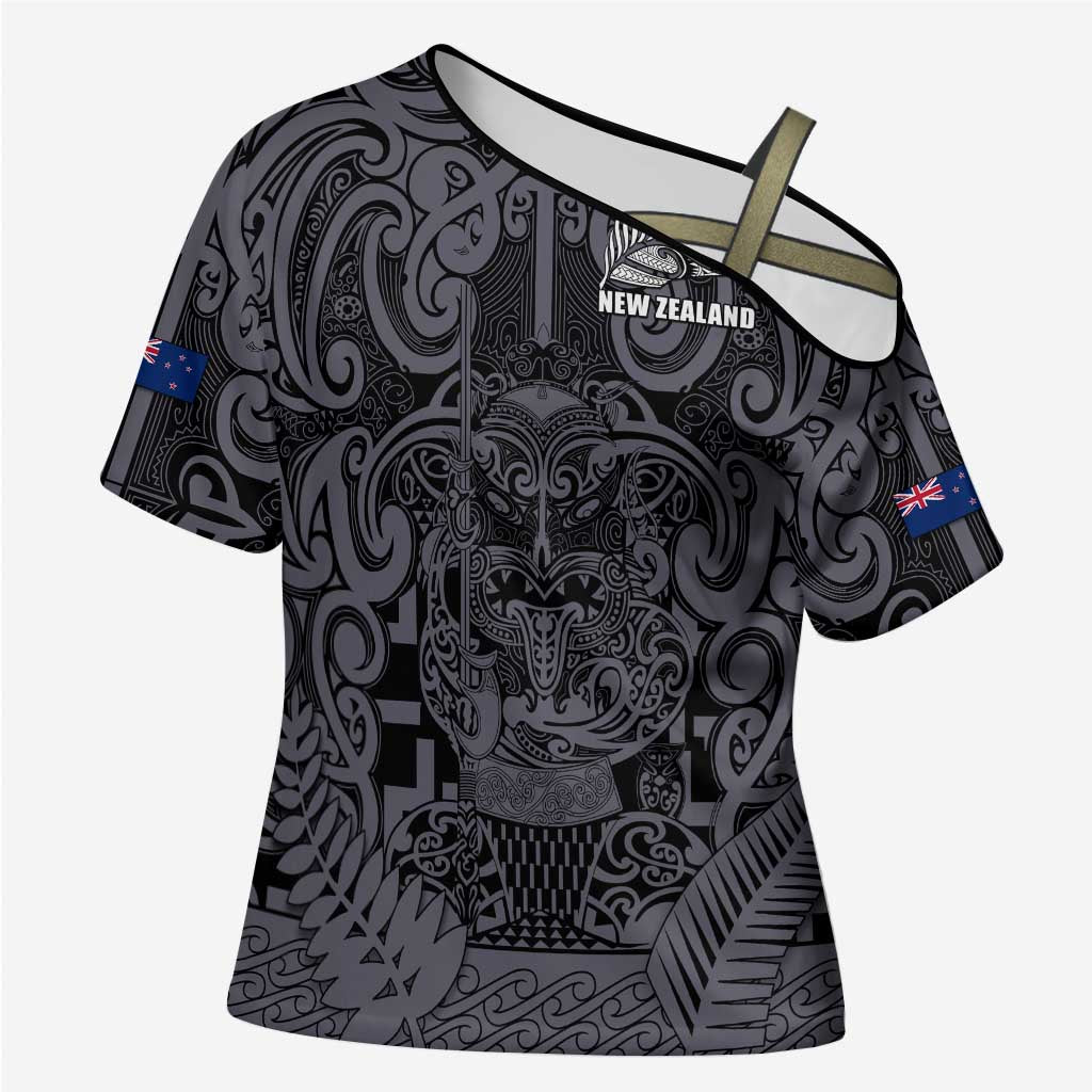 Custom New Zealand Taiaha Maori Cross Shoulder Shirt Minimalist Silver Fern All Black - Aussie Hoodie