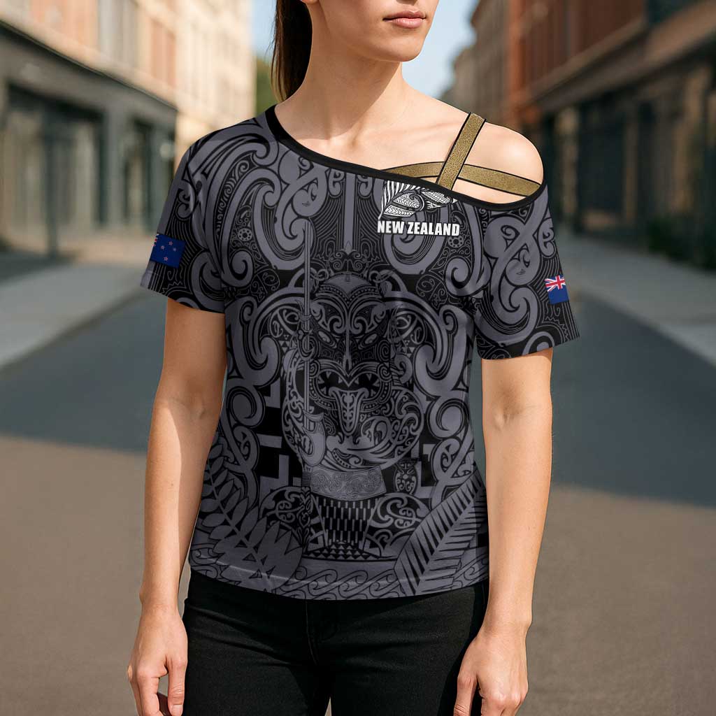 Custom New Zealand Taiaha Maori Cross Shoulder Shirt Minimalist Silver Fern All Black - Aussie Hoodie