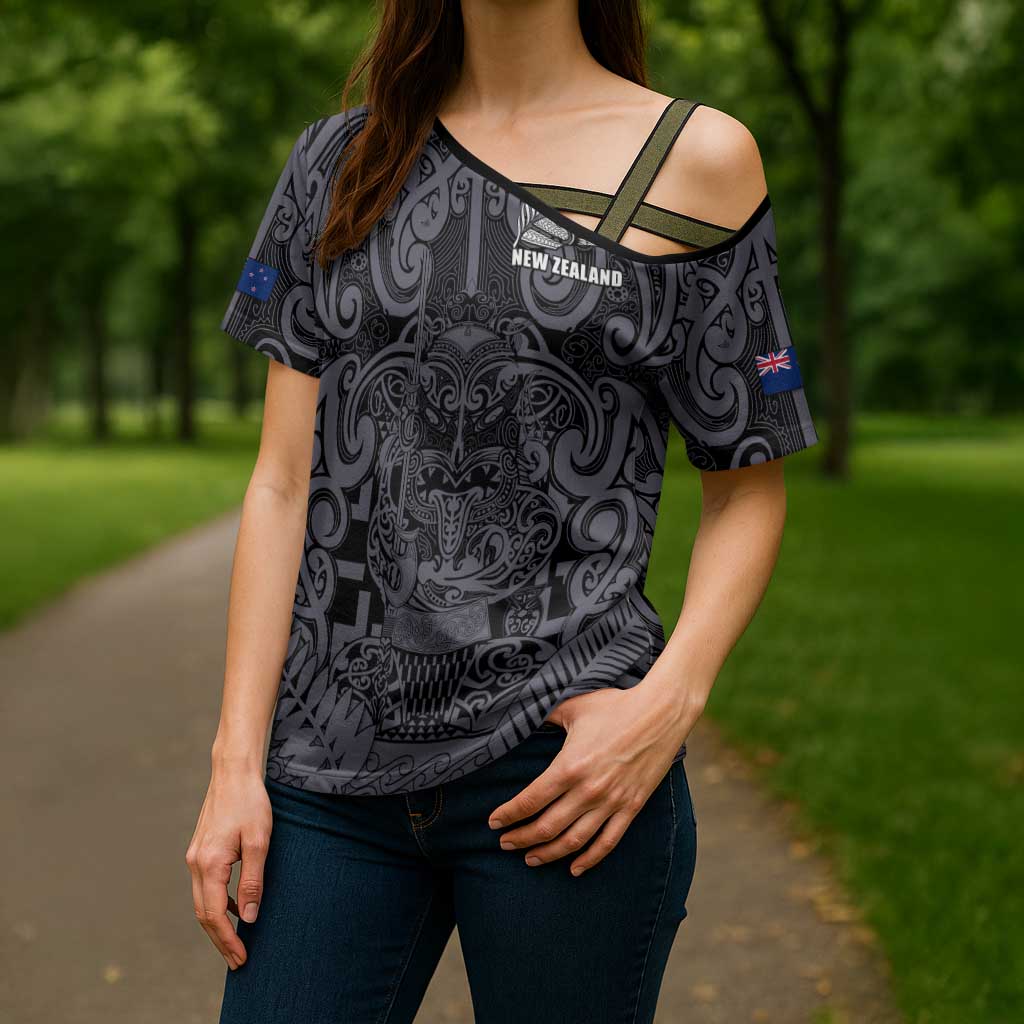 Custom New Zealand Taiaha Maori Cross Shoulder Shirt Minimalist Silver Fern All Black - Aussie Hoodie