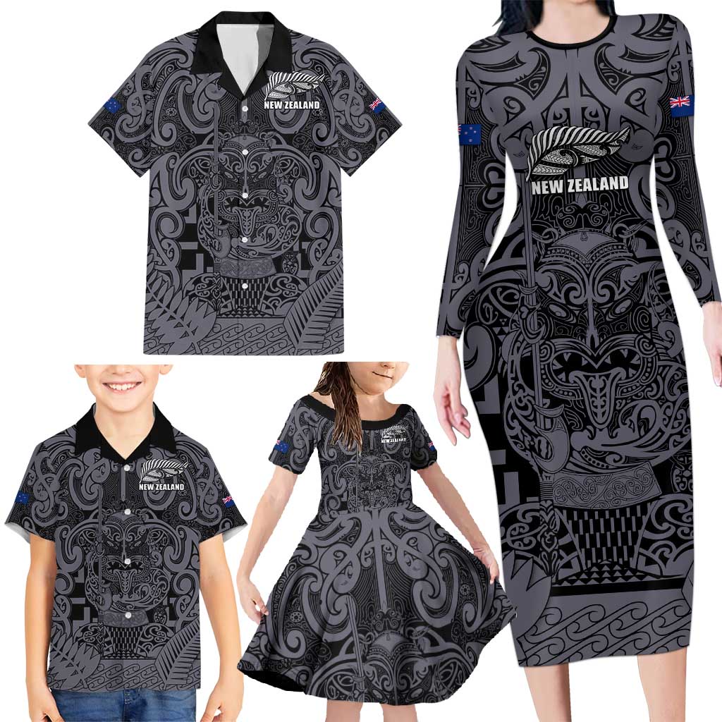 Custom New Zealand Taiaha Maori Family Matching Long Sleeve Bodycon Dress and Hawaiian Shirt Minimalist Silver Fern All Black - Aussie Hoodie