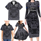Custom New Zealand Taiaha Maori Family Matching Long Sleeve Bodycon Dress and Hawaiian Shirt Minimalist Silver Fern All Black - Aussie Hoodie