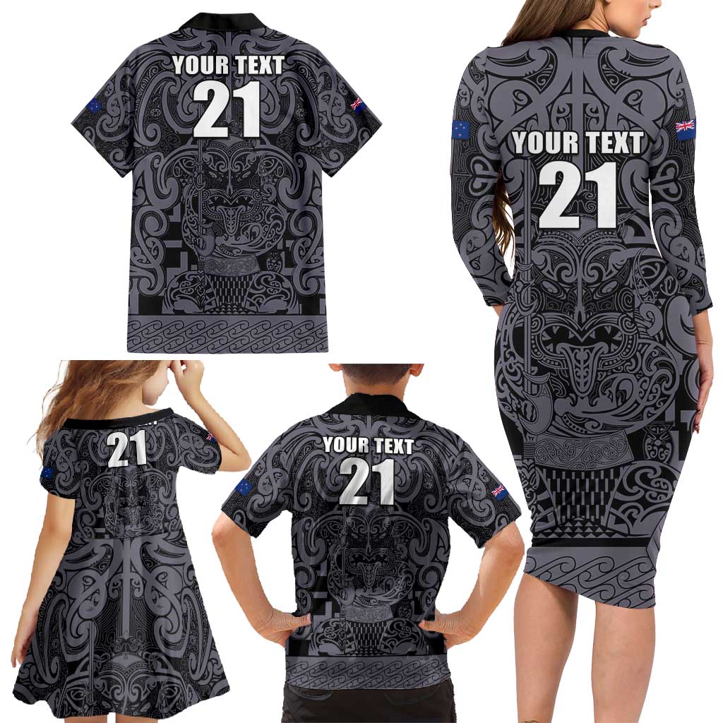 Custom New Zealand Taiaha Maori Family Matching Long Sleeve Bodycon Dress and Hawaiian Shirt Minimalist Silver Fern All Black - Aussie Hoodie