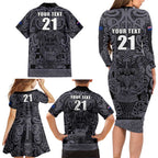 Custom New Zealand Taiaha Maori Family Matching Long Sleeve Bodycon Dress and Hawaiian Shirt Minimalist Silver Fern All Black - Aussie Hoodie