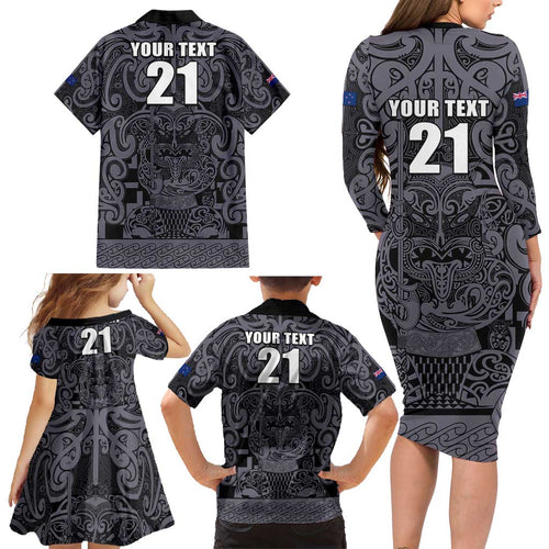Custom New Zealand Taiaha Maori Family Matching Long Sleeve Bodycon Dress and Hawaiian Shirt Minimalist Silver Fern All Black - Aussie Hoodie