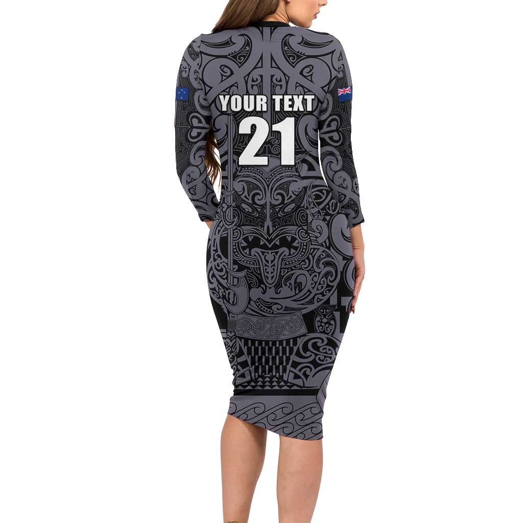 Custom New Zealand Taiaha Maori Family Matching Long Sleeve Bodycon Dress and Hawaiian Shirt Minimalist Silver Fern All Black - Aussie Hoodie