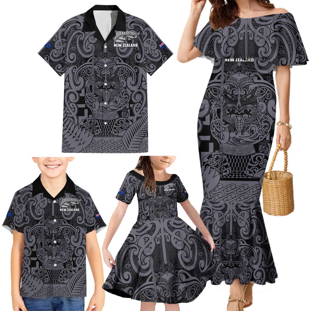Custom New Zealand Taiaha Maori Family Matching Mermaid Dress and Hawaiian Shirt Minimalist Silver Fern All Black - Aussie Hoodie