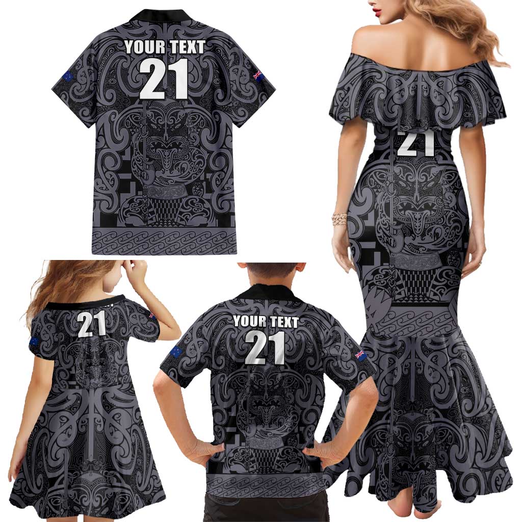 Custom New Zealand Taiaha Maori Family Matching Mermaid Dress and Hawaiian Shirt Minimalist Silver Fern All Black - Aussie Hoodie