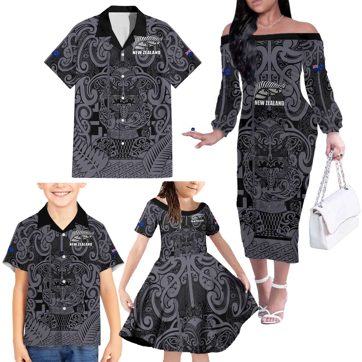 Custom New Zealand Taiaha Maori Family Matching Off The Shoulder Long Sleeve Dress and Hawaiian Shirt Minimalist Silver Fern All Black - Aussie Hoodie