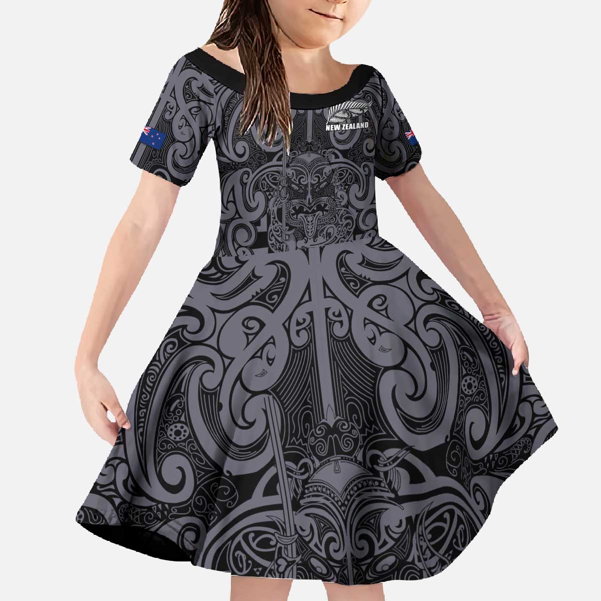 Custom New Zealand Taiaha Maori Family Matching Off The Shoulder Long Sleeve Dress and Hawaiian Shirt Minimalist Silver Fern All Black - Aussie Hoodie