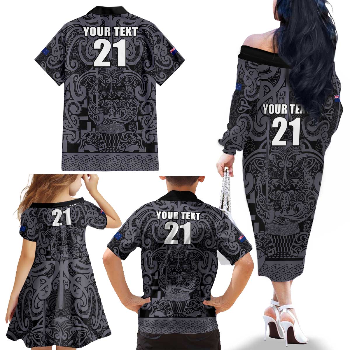 Custom New Zealand Taiaha Maori Family Matching Off The Shoulder Long Sleeve Dress and Hawaiian Shirt Minimalist Silver Fern All Black - Aussie Hoodie