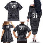 Custom New Zealand Taiaha Maori Family Matching Off The Shoulder Long Sleeve Dress and Hawaiian Shirt Minimalist Silver Fern All Black - Aussie Hoodie