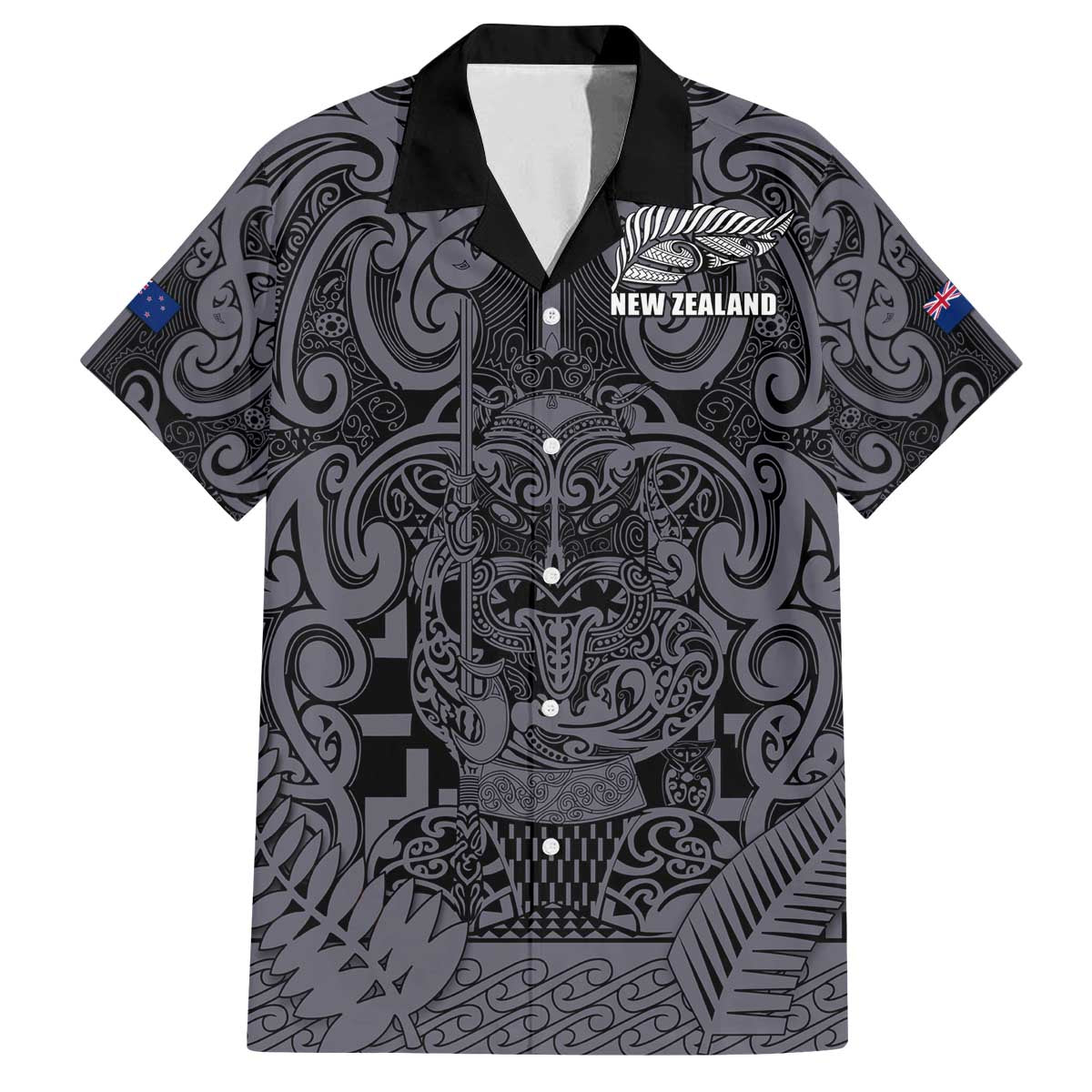 Custom New Zealand Taiaha Maori Family Matching Off The Shoulder Long Sleeve Dress and Hawaiian Shirt Minimalist Silver Fern All Black - Aussie Hoodie