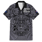 Custom New Zealand Taiaha Maori Family Matching Off The Shoulder Long Sleeve Dress and Hawaiian Shirt Minimalist Silver Fern All Black - Aussie Hoodie