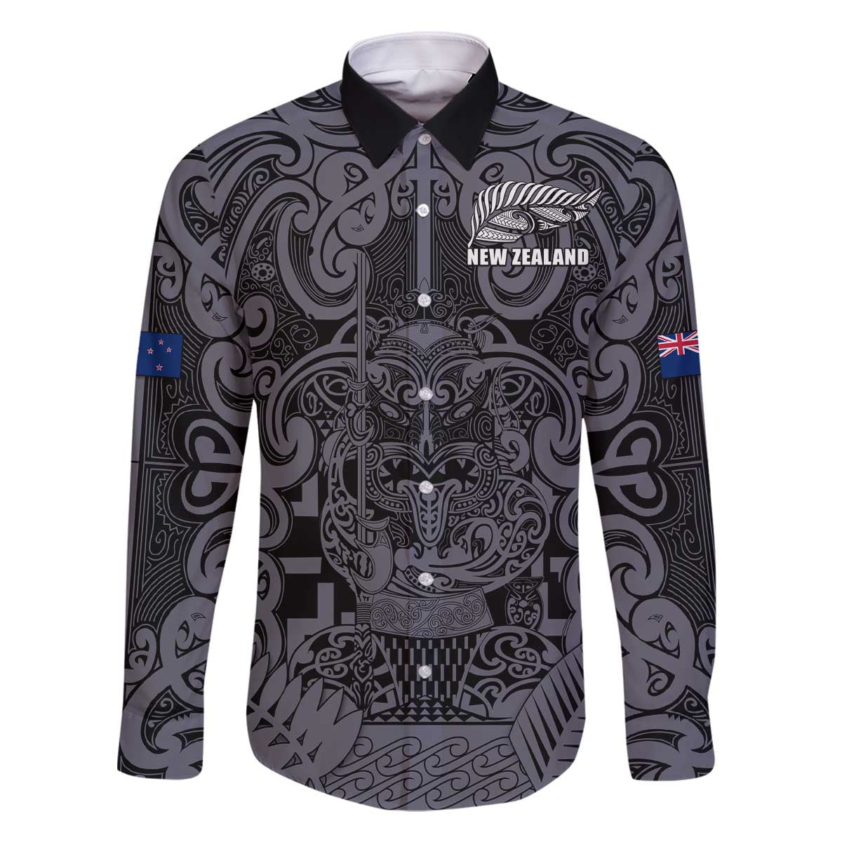 Custom New Zealand Taiaha Maori Family Matching Off The Shoulder Long Sleeve Dress and Hawaiian Shirt Minimalist Silver Fern All Black - Aussie Hoodie