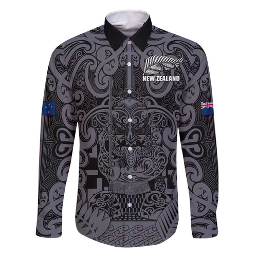 Custom New Zealand Taiaha Maori Family Matching Off The Shoulder Long Sleeve Dress and Hawaiian Shirt Minimalist Silver Fern All Black - Aussie Hoodie