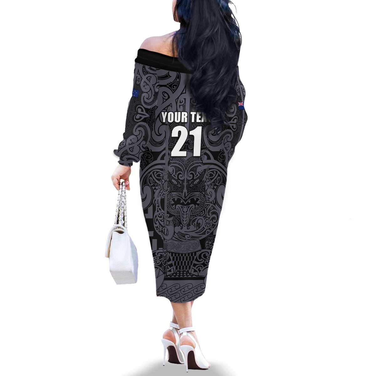 Custom New Zealand Taiaha Maori Family Matching Off The Shoulder Long Sleeve Dress and Hawaiian Shirt Minimalist Silver Fern All Black - Aussie Hoodie