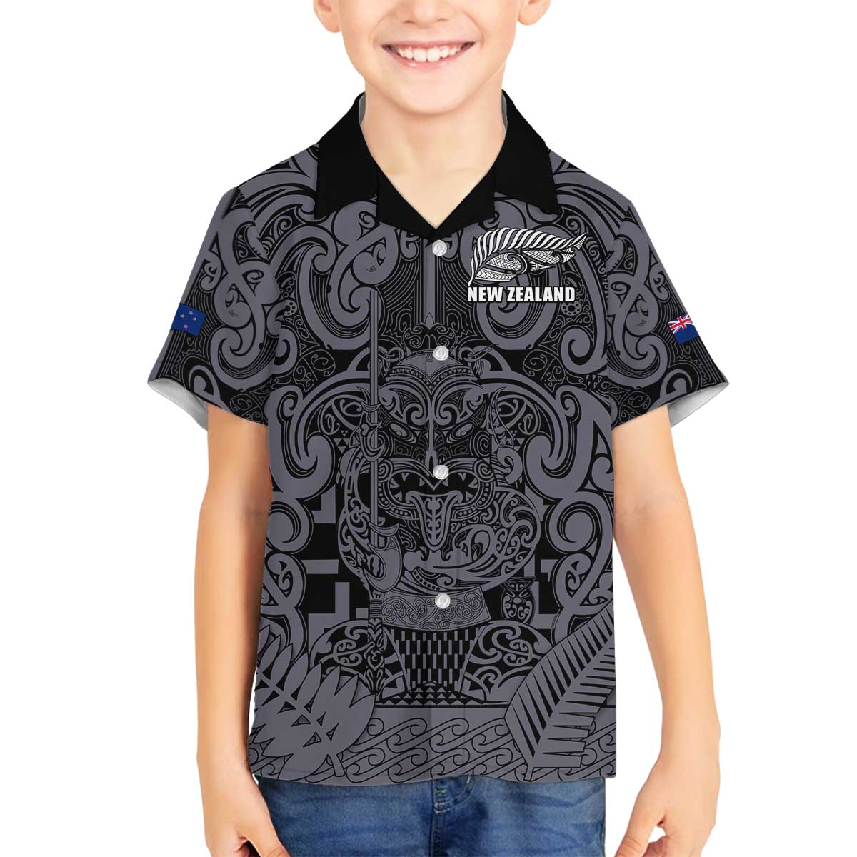 Custom New Zealand Taiaha Maori Family Matching Off The Shoulder Long Sleeve Dress and Hawaiian Shirt Minimalist Silver Fern All Black - Aussie Hoodie