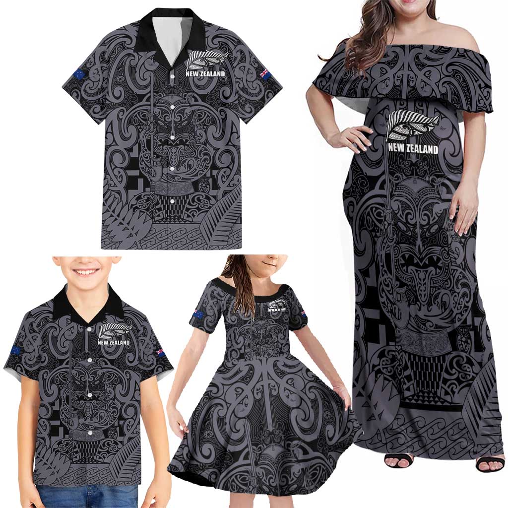 Custom New Zealand Taiaha Maori Family Matching Off Shoulder Maxi Dress and Hawaiian Shirt Minimalist Silver Fern All Black - Aussie Hoodie