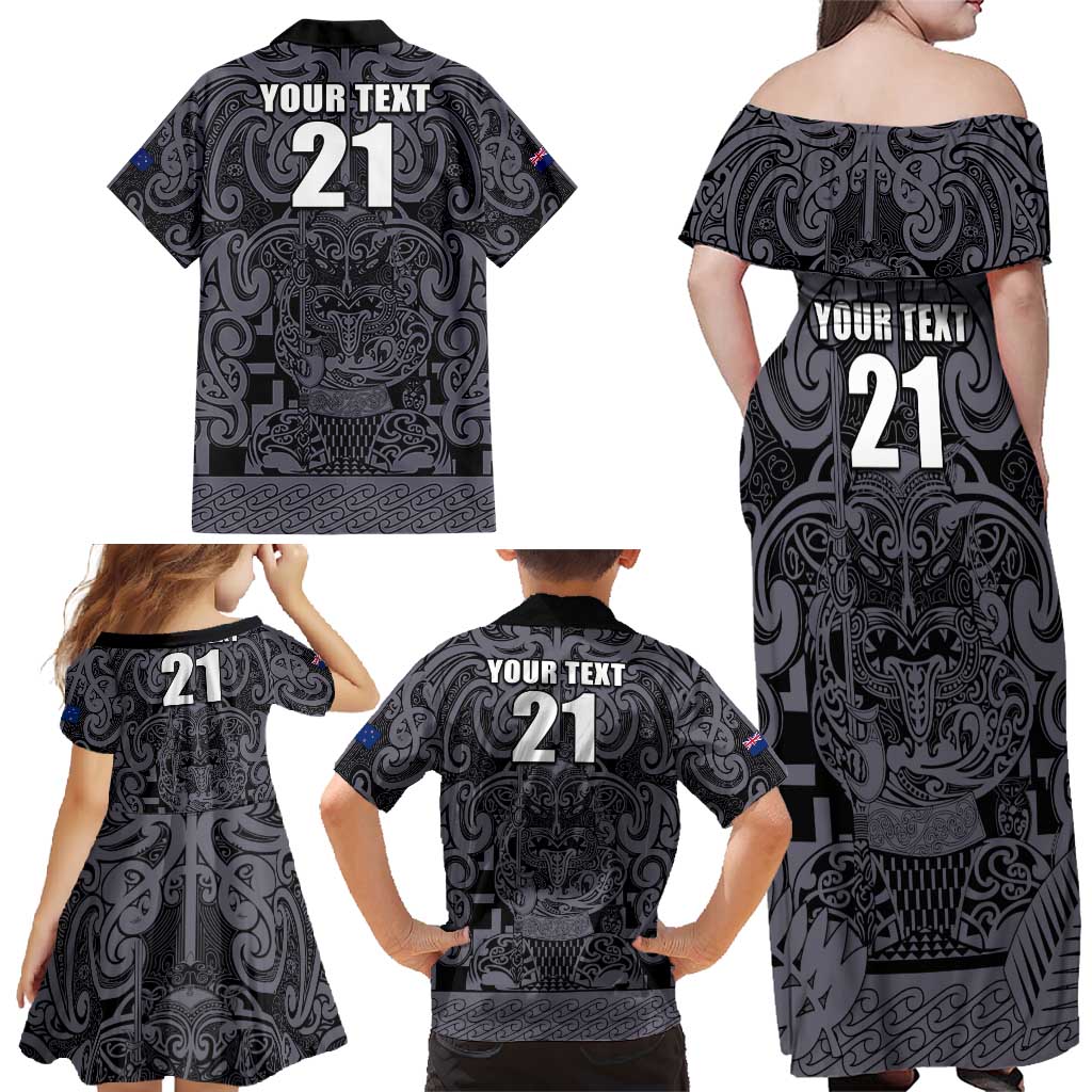 Custom New Zealand Taiaha Maori Family Matching Off Shoulder Maxi Dress and Hawaiian Shirt Minimalist Silver Fern All Black - Aussie Hoodie