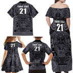 Custom New Zealand Taiaha Maori Family Matching Off Shoulder Maxi Dress and Hawaiian Shirt Minimalist Silver Fern All Black - Aussie Hoodie