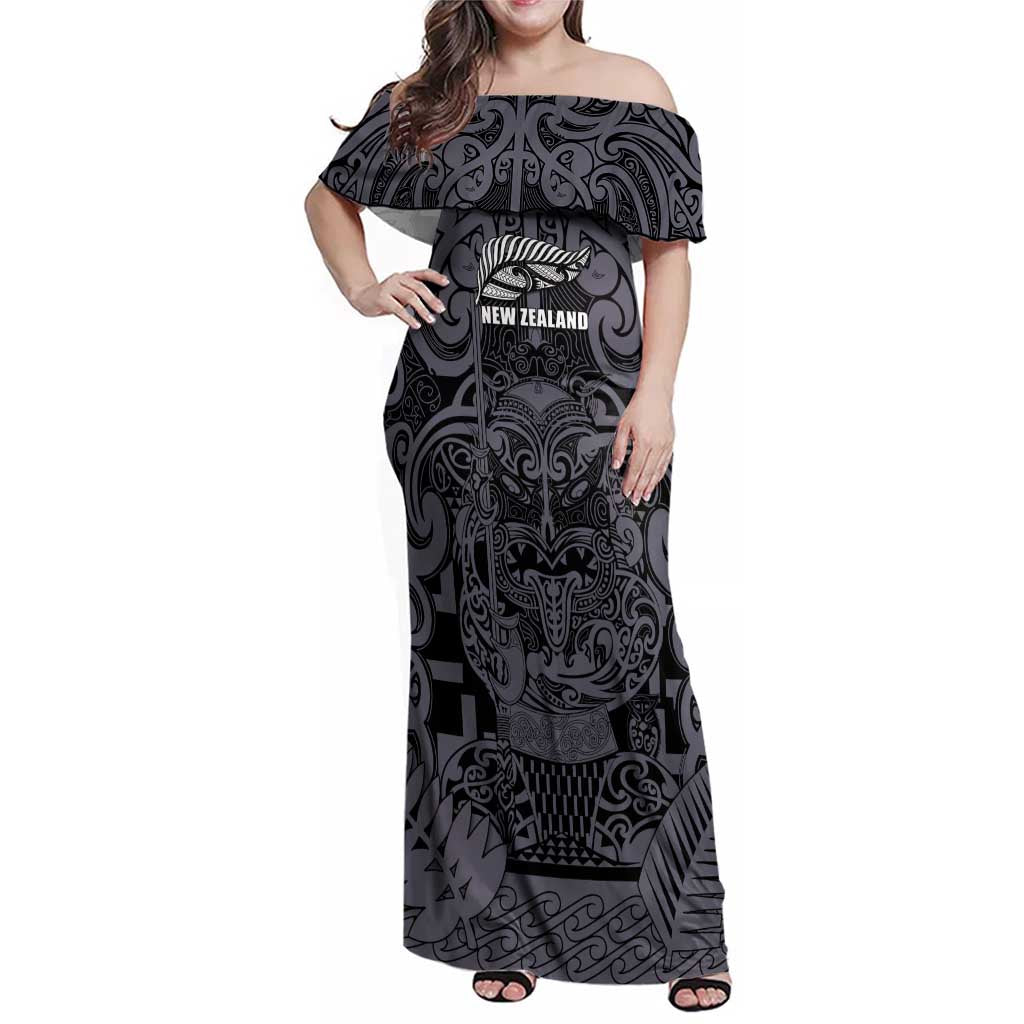 Custom New Zealand Taiaha Maori Family Matching Off Shoulder Maxi Dress and Hawaiian Shirt Minimalist Silver Fern All Black - Aussie Hoodie