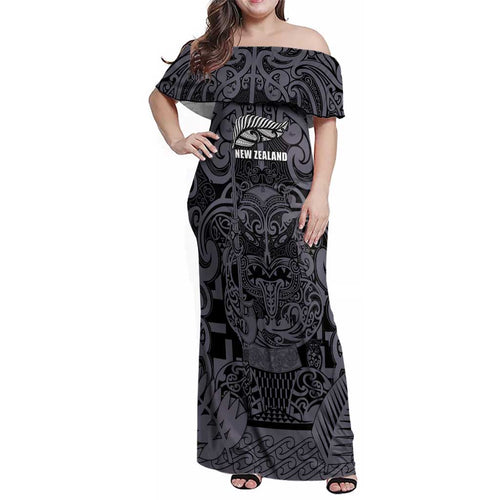 Custom New Zealand Taiaha Maori Family Matching Off Shoulder Maxi Dress and Hawaiian Shirt Minimalist Silver Fern All Black - Aussie Hoodie