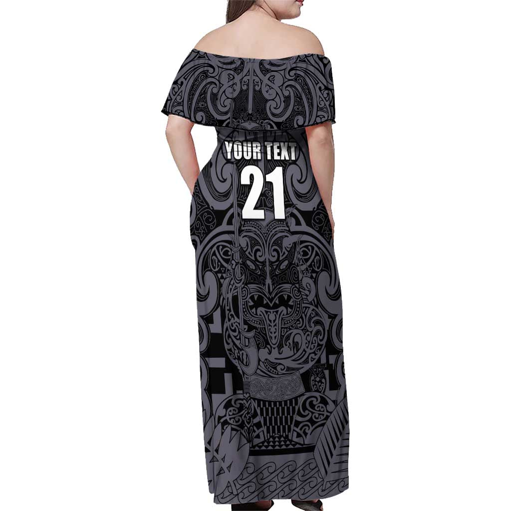 Custom New Zealand Taiaha Maori Family Matching Off Shoulder Maxi Dress and Hawaiian Shirt Minimalist Silver Fern All Black - Aussie Hoodie