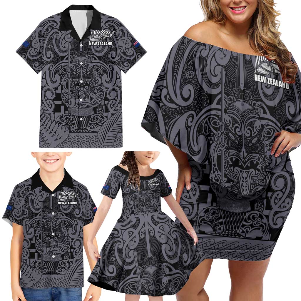 Custom New Zealand Taiaha Maori Family Matching Off Shoulder Short Dress and Hawaiian Shirt Minimalist Silver Fern All Black - Aussie Hoodie