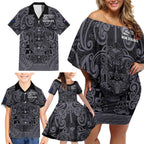Custom New Zealand Taiaha Maori Family Matching Off Shoulder Short Dress and Hawaiian Shirt Minimalist Silver Fern All Black - Aussie Hoodie