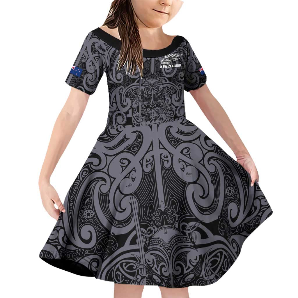 Custom New Zealand Taiaha Maori Family Matching Off Shoulder Short Dress and Hawaiian Shirt Minimalist Silver Fern All Black - Aussie Hoodie