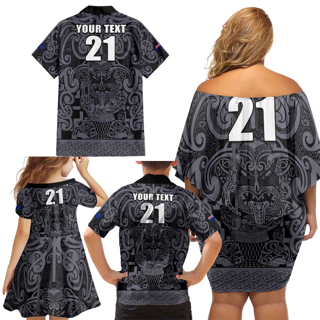 Custom New Zealand Taiaha Maori Family Matching Off Shoulder Short Dress and Hawaiian Shirt Minimalist Silver Fern All Black - Aussie Hoodie