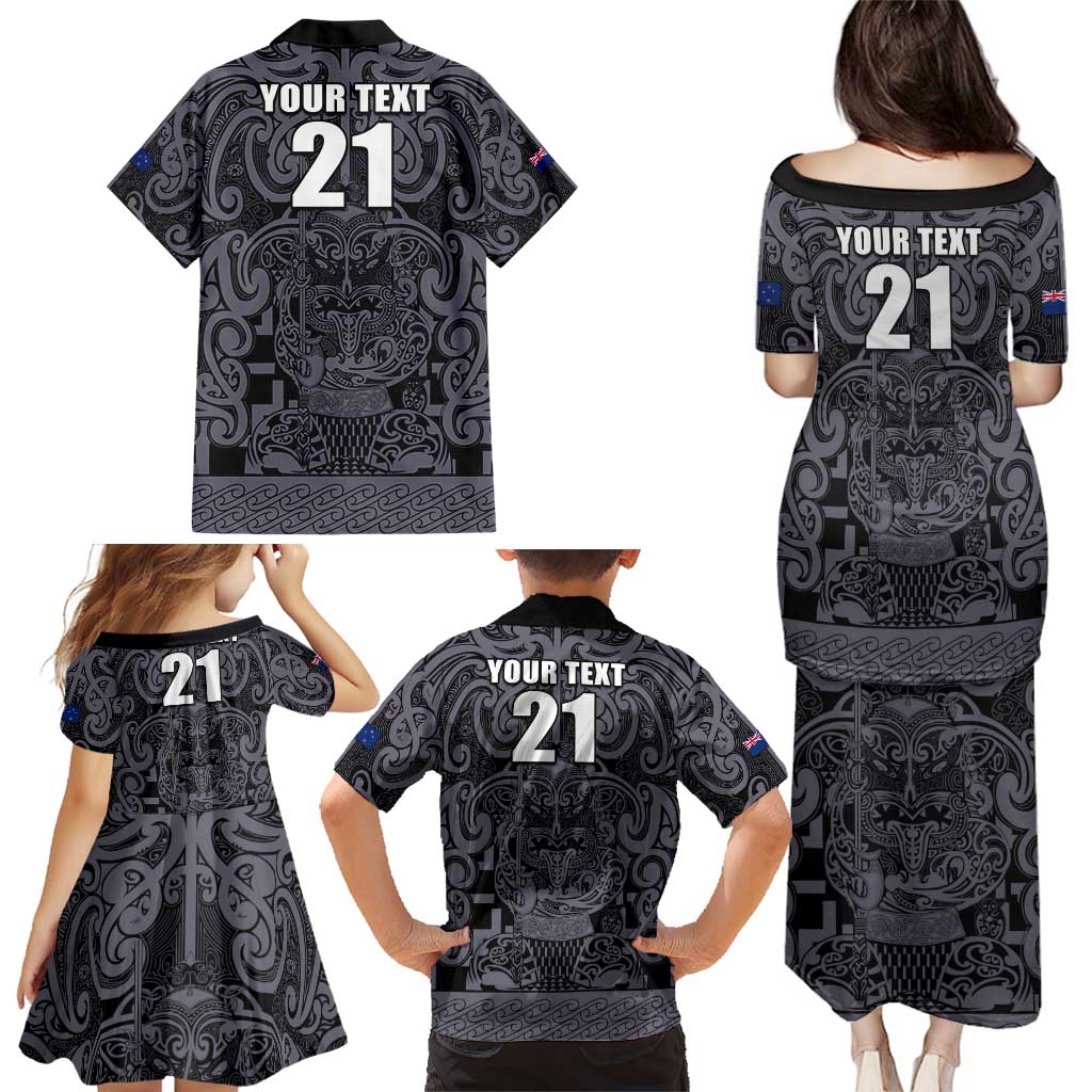 Custom New Zealand Taiaha Maori Family Matching Puletasi and Hawaiian Shirt Minimalist Silver Fern All Black - Aussie Hoodie