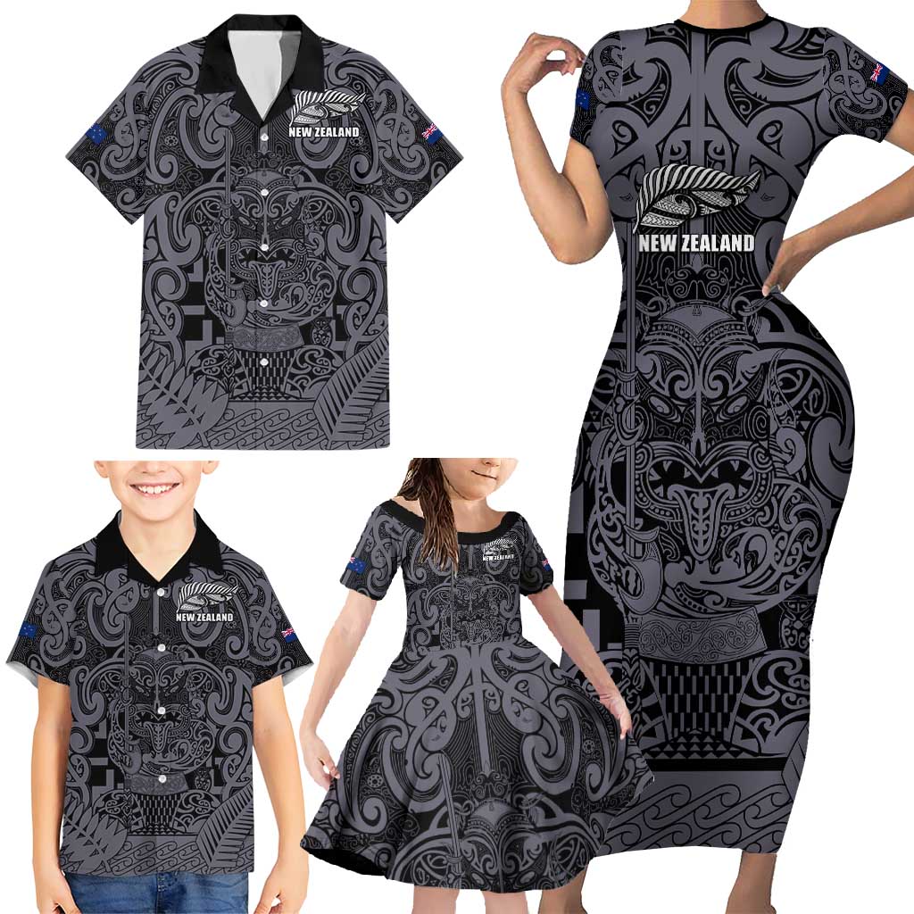 Custom New Zealand Taiaha Maori Family Matching Short Sleeve Bodycon Dress and Hawaiian Shirt Minimalist Silver Fern All Black - Aussie Hoodie