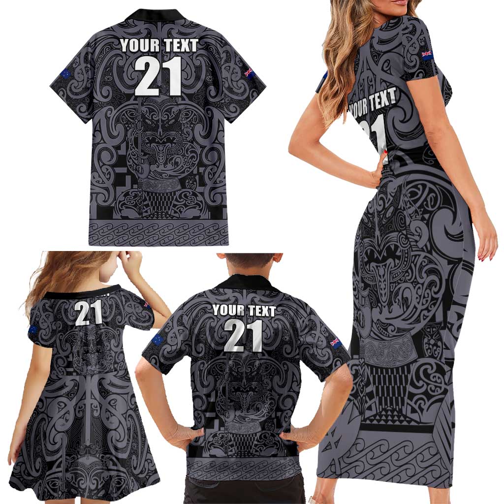 Custom New Zealand Taiaha Maori Family Matching Short Sleeve Bodycon Dress and Hawaiian Shirt Minimalist Silver Fern All Black - Aussie Hoodie