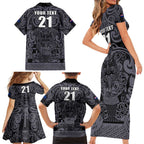 Custom New Zealand Taiaha Maori Family Matching Short Sleeve Bodycon Dress and Hawaiian Shirt Minimalist Silver Fern All Black - Aussie Hoodie