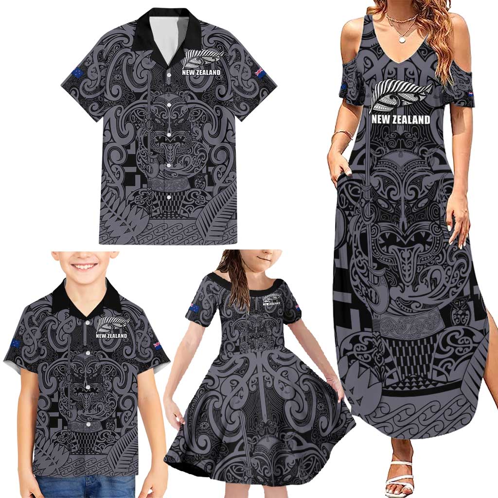 Custom New Zealand Taiaha Maori Family Matching Summer Maxi Dress and Hawaiian Shirt Minimalist Silver Fern All Black - Aussie Hoodie