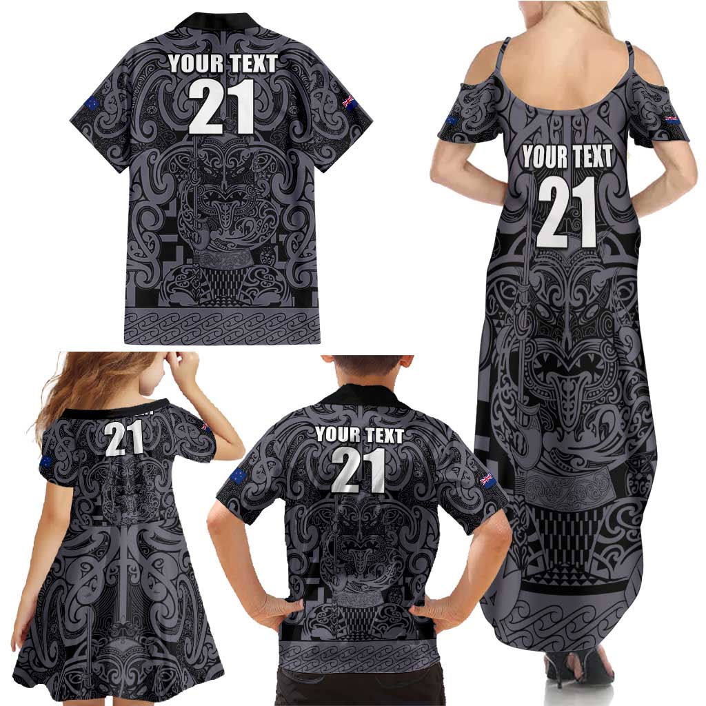 Custom New Zealand Taiaha Maori Family Matching Summer Maxi Dress and Hawaiian Shirt Minimalist Silver Fern All Black - Aussie Hoodie