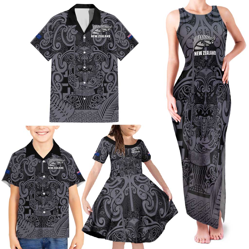 Custom New Zealand Taiaha Maori Family Matching Tank Maxi Dress and Hawaiian Shirt Minimalist Silver Fern All Black - Aussie Hoodie