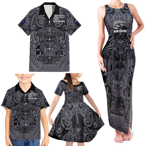 Custom New Zealand Taiaha Maori Family Matching Tank Maxi Dress and Hawaiian Shirt Minimalist Silver Fern All Black - Aussie Hoodie