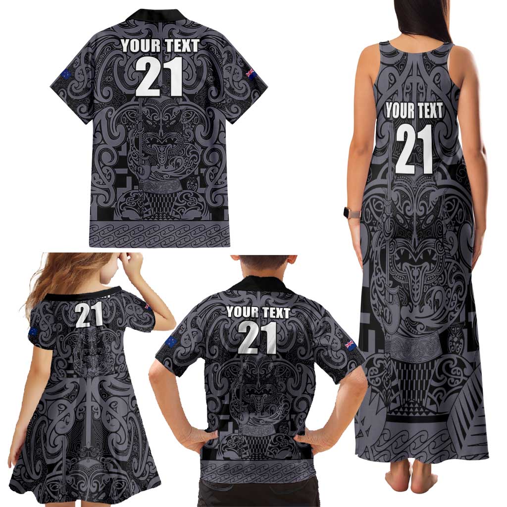Custom New Zealand Taiaha Maori Family Matching Tank Maxi Dress and Hawaiian Shirt Minimalist Silver Fern All Black - Aussie Hoodie