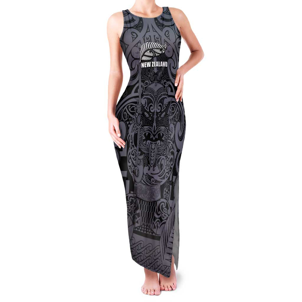 Custom New Zealand Taiaha Maori Family Matching Tank Maxi Dress and Hawaiian Shirt Minimalist Silver Fern All Black - Aussie Hoodie